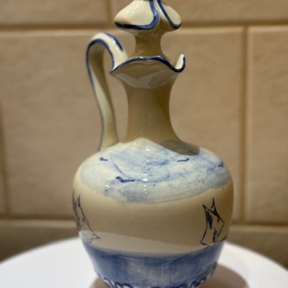 Hand Painted Cruet Wine Pitcher with stopper sailboats Blue/White Made in France - Picture 6 of 8